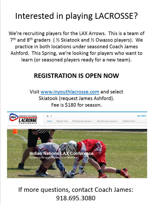 skiatook youth lacrosse looking to recruit 7th and 8th graders for lacrosse flyer